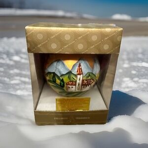 Dillards Trimmings Christmas Gold w/ Hand Painted Mountain & Church Scene Signed